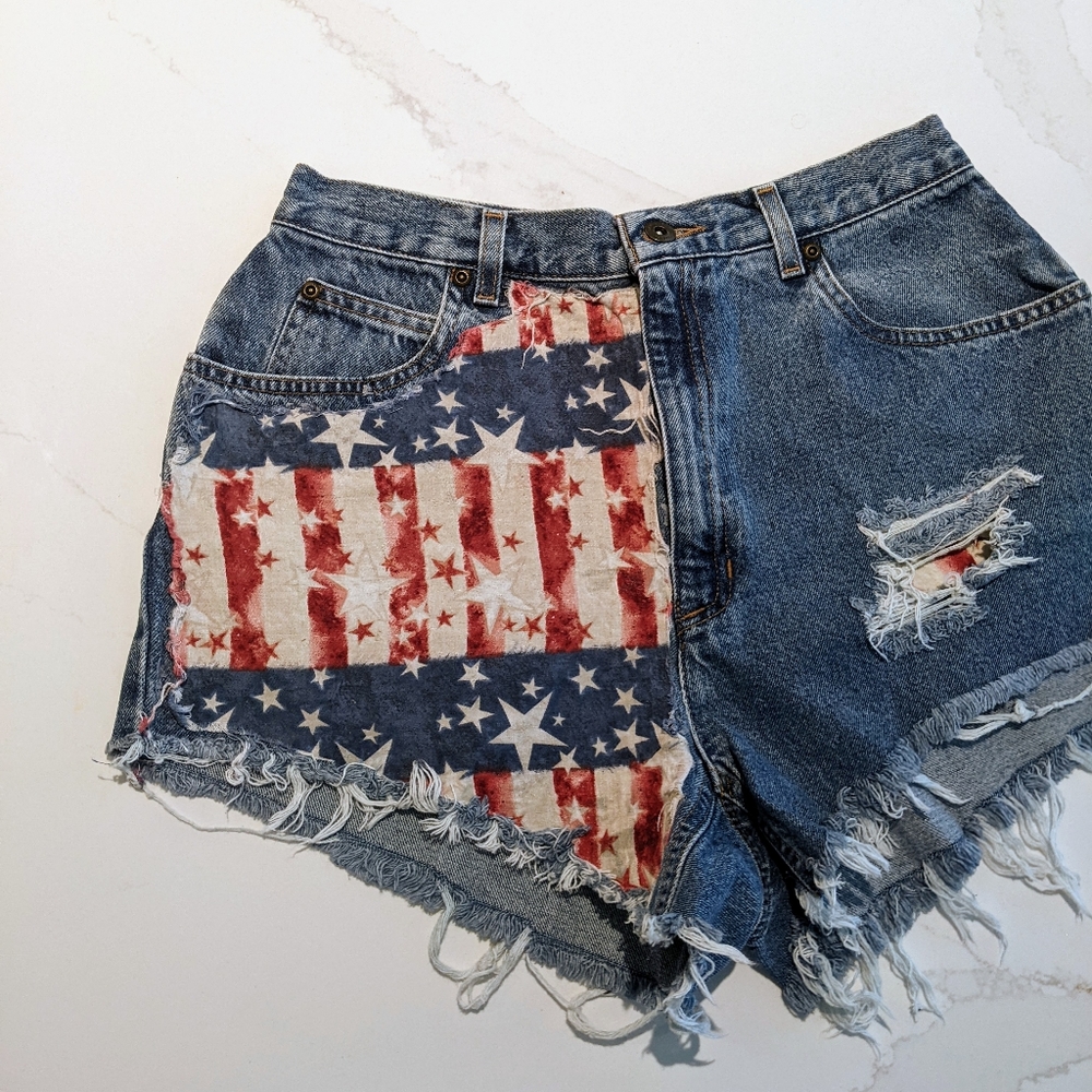 DIY Mom shorts, high rise jeans, America, red white blue, 4th of July, Halloween
